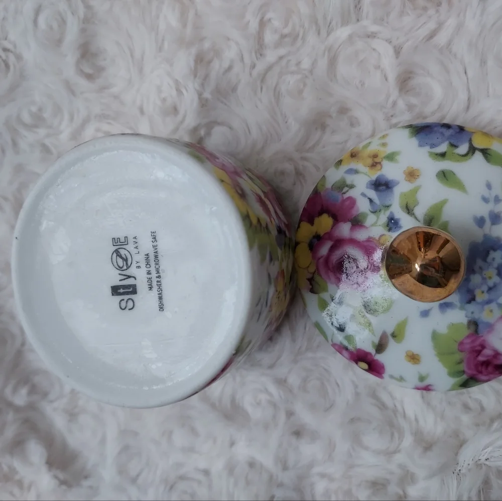 Lovely Floral jar small votive candle trinket box gold tipped lid Cottagecore